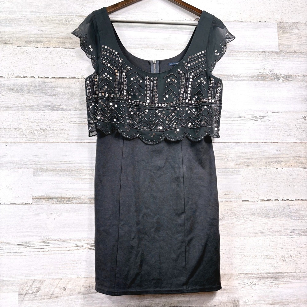 American Eagle Mini Dress Women Medium Gray Beaded Sequin Overlay Glam Boho